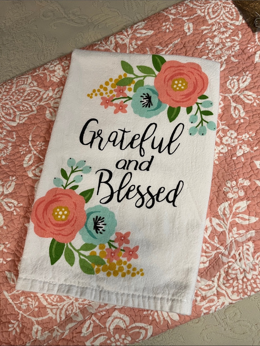 Grateful and Blessed White Floral Kitchen Towel
